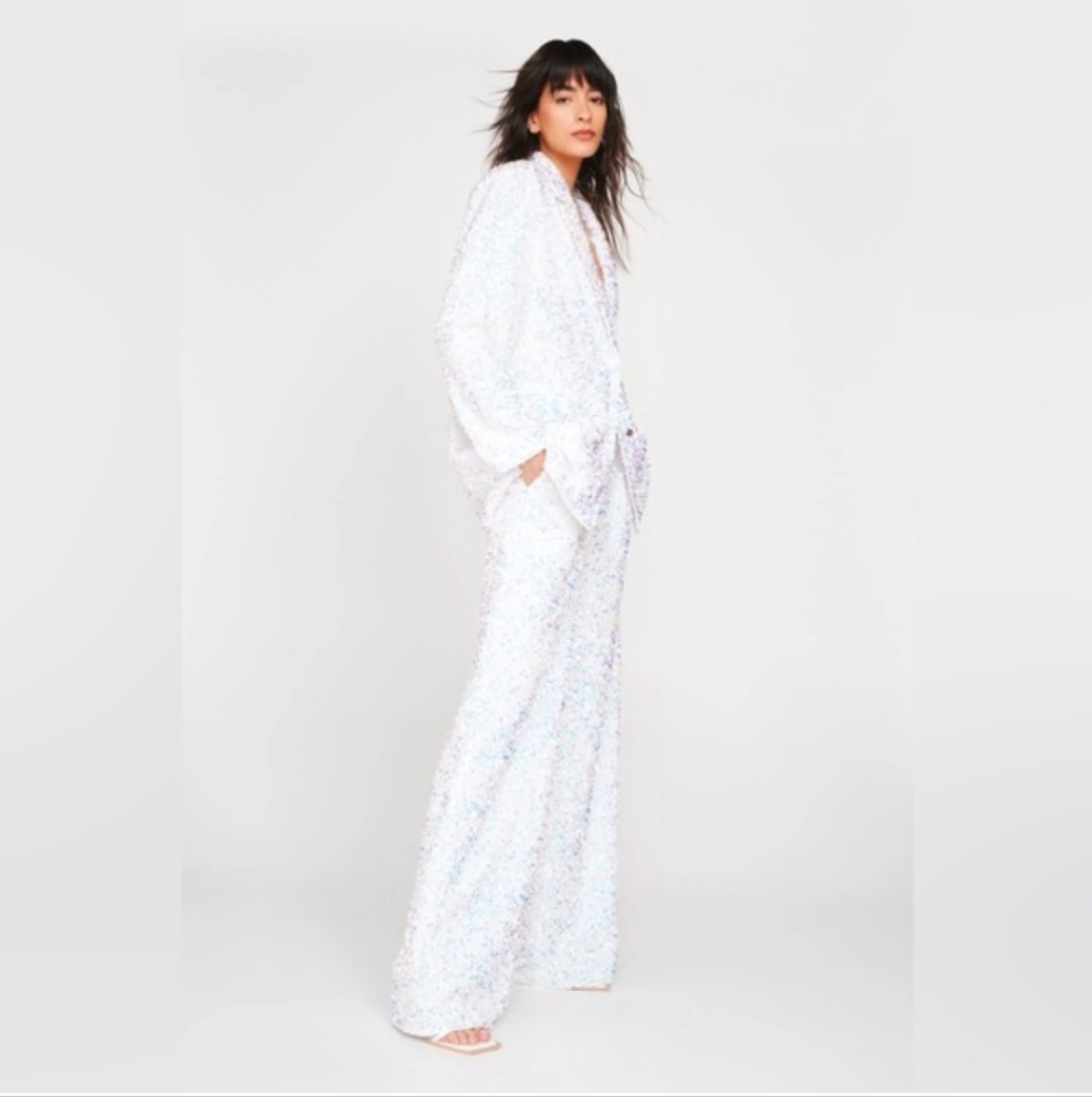 Nasty Gal Premium Sequined, Wide, Leg Pants, White Size Us 6